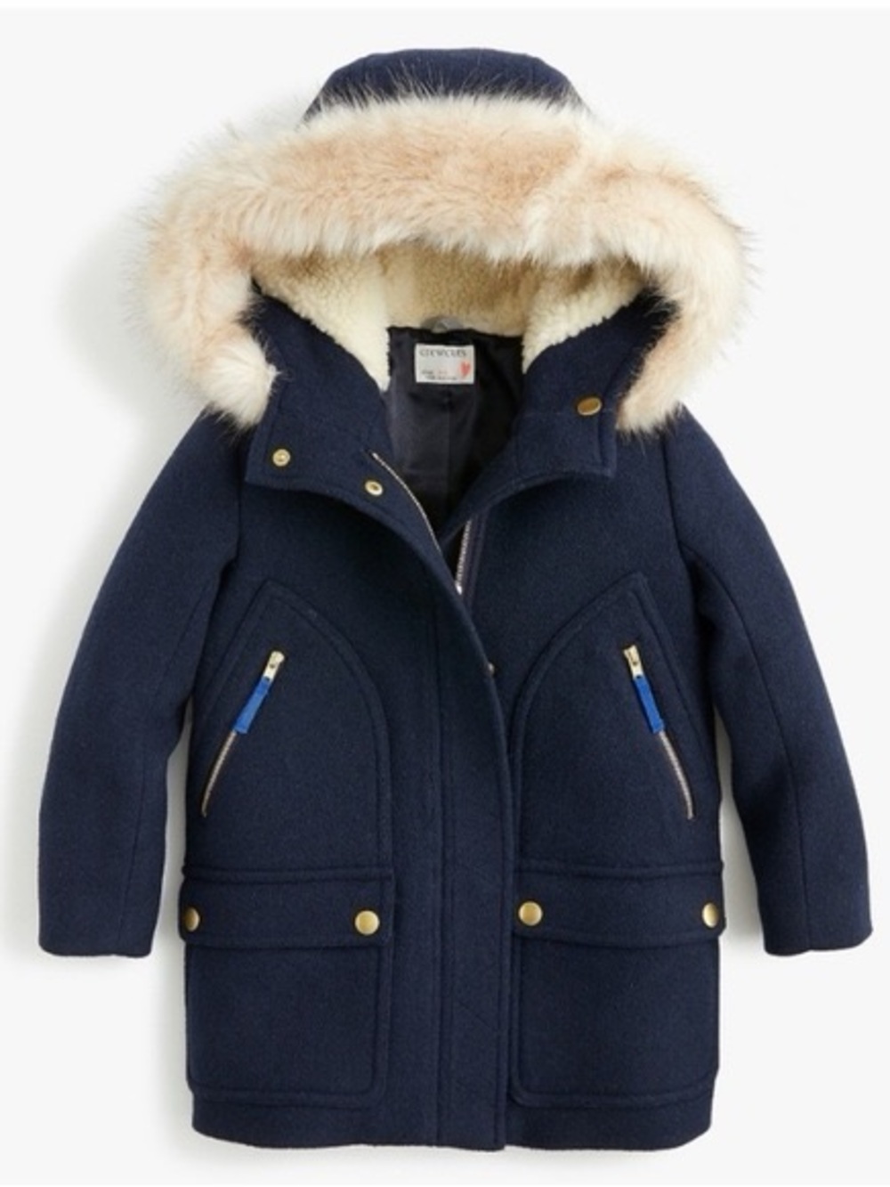 J. Crew Crewcuts Navy Wool Chateau Coat with Cream Faux-Fur Trim